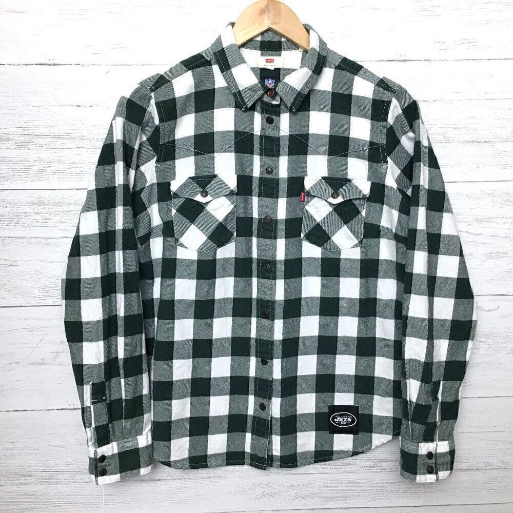 Levi's Womens Flannel Shirt NFL NY Jets Green and White Plaid Snap Front Shirt M